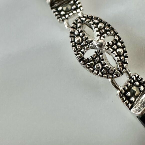 Sterling Silver Black Onyx Mother Of Pearl And Marcasite Bracelet - Picture 9 of 11
